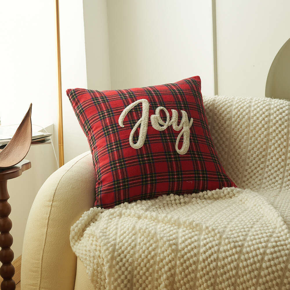 New Christmas Printed Red and Green Plaid Letter Embroidery Cushion Cover Home Fabric Pillowcase