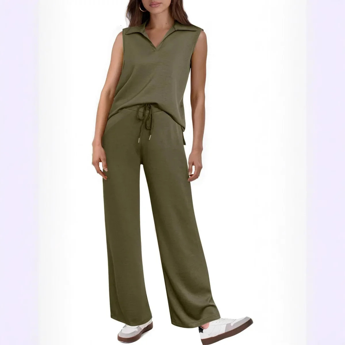 Loose Vneck vest set with drawstring elastic waist mens summer 2piece suitable for womens fashionable clothing 250313