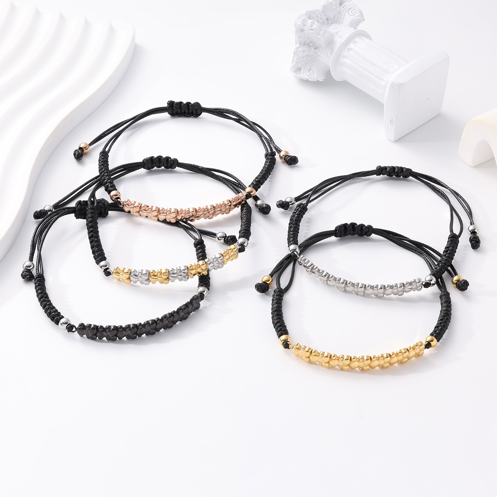 Fashion Women Silver Rose Gold Stainless Steel Span Bear Cartoon Animal Black Weave Rope Chain Bracelets Jewelry Pulsera A Gift