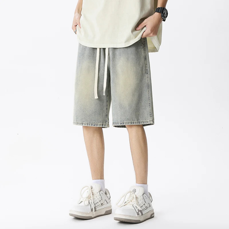 Casual denim shorts mens elastic waist straight comfortable light blue soft loose Bermuda jeans 250313