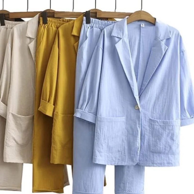 European and American womens automatic cotton and linen jacket pants loose and fashionable casual wear 250401