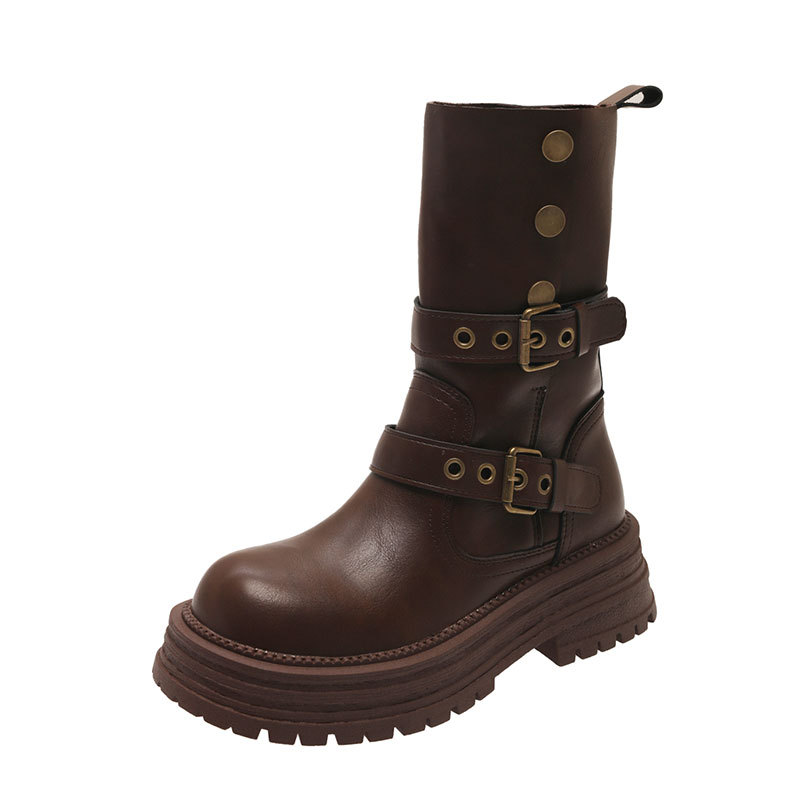 Women Boots:Spring Simple Design Versatile Soft Leather Thick Sole Fashion Slimming Boots Black/Brown Free shipping