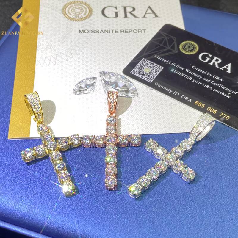 Ice Out Round Brilliant Cut VVS Moissanite Pendant Cross Pendant HipHop 925 Sterling Silver Pendant Pass Diamond Tester with GRA