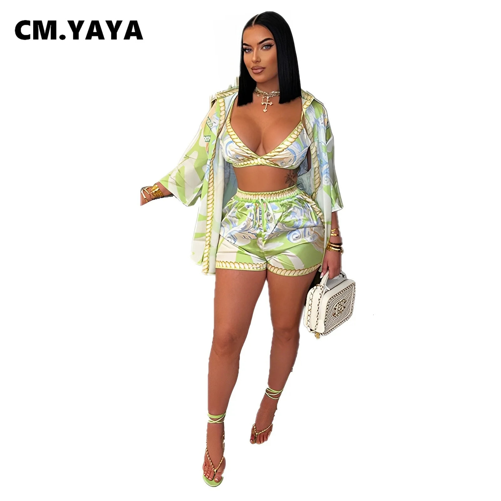 CM.YAYA Paisley Printed Womens Set Three Quarter Sleeve Blouse Bra Top and Shorts Beach 3- Piece Sets Outfit Tracksuits 250407