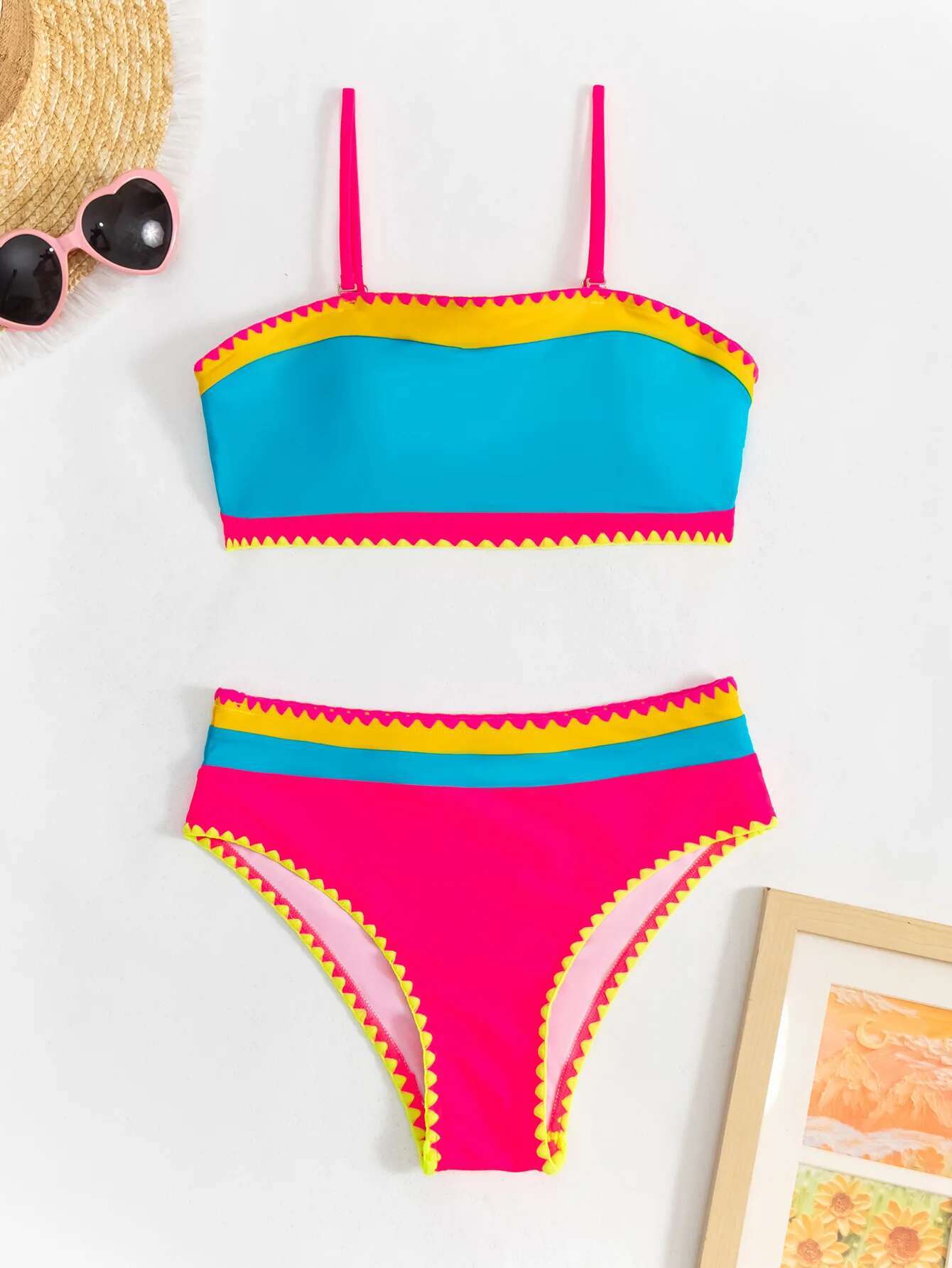 Dongdumaoyi Sexy Hot Pink Patchwork Bikini Set Women Colorful Push Up Padded High Waist Swimsuit Summer Beach Bathing Suit Swimwear