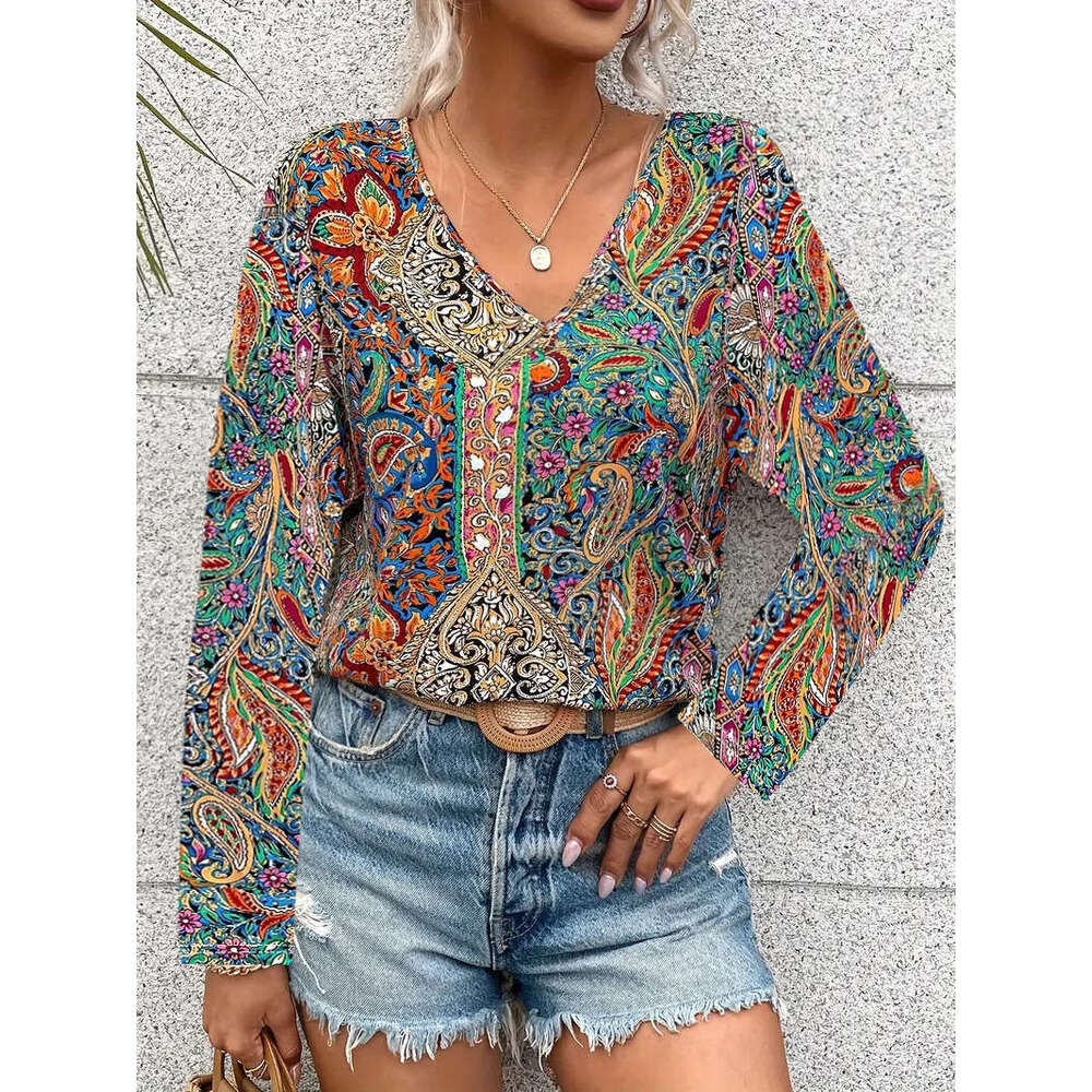 European American Hot selg Boho Paisley Printed V-neck Long sleeved Shirt Women's Wear 2025 New Style Stylish and Elegant Clothing