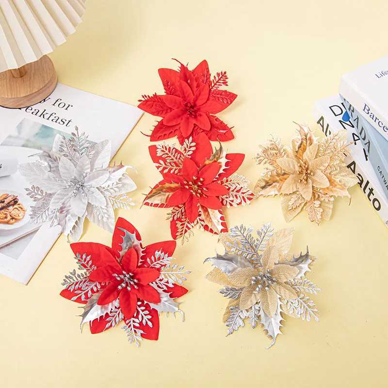 13cm Christmas Glitter Artificial Flower Christmas Flowers 1/5pcs Artificial Shiny Christmas Flowers Christmas Party Vase Decor W251107