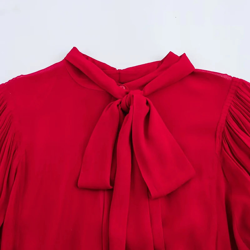 Red womens shirt bow elegant fashionable pleated long sleeved ruffled edge top office clothes springsummer 250407