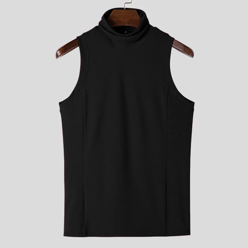 Mens sexy tight solid color vest top high neck sleeveless gym casual vest party basic shirt S-3XL 250403