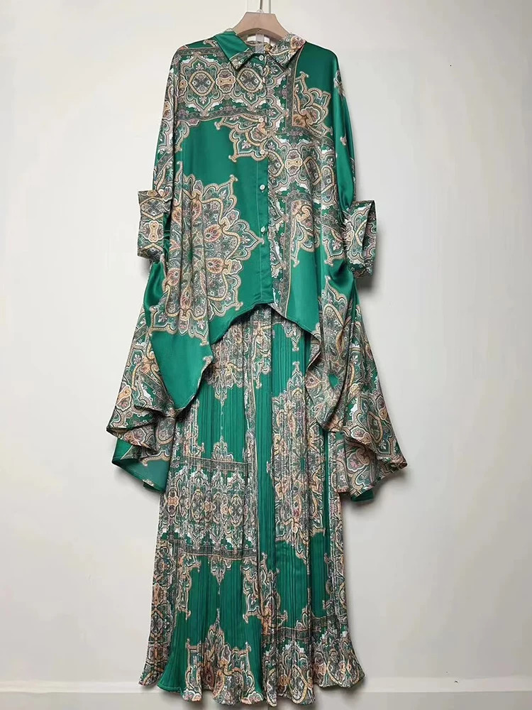 Retro geometric print loose irregular shirt twopiece set summer womens clothingpleated wide leg pants fashion 250407