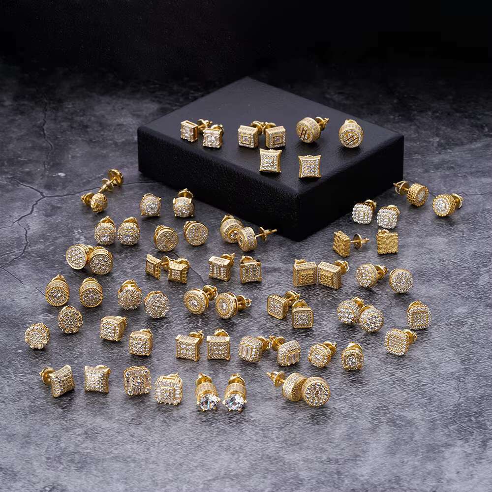 Hip Hop Fine Jewelry Large Gold Finished square Diamond Zircon Crystal Stud Earrings for Men