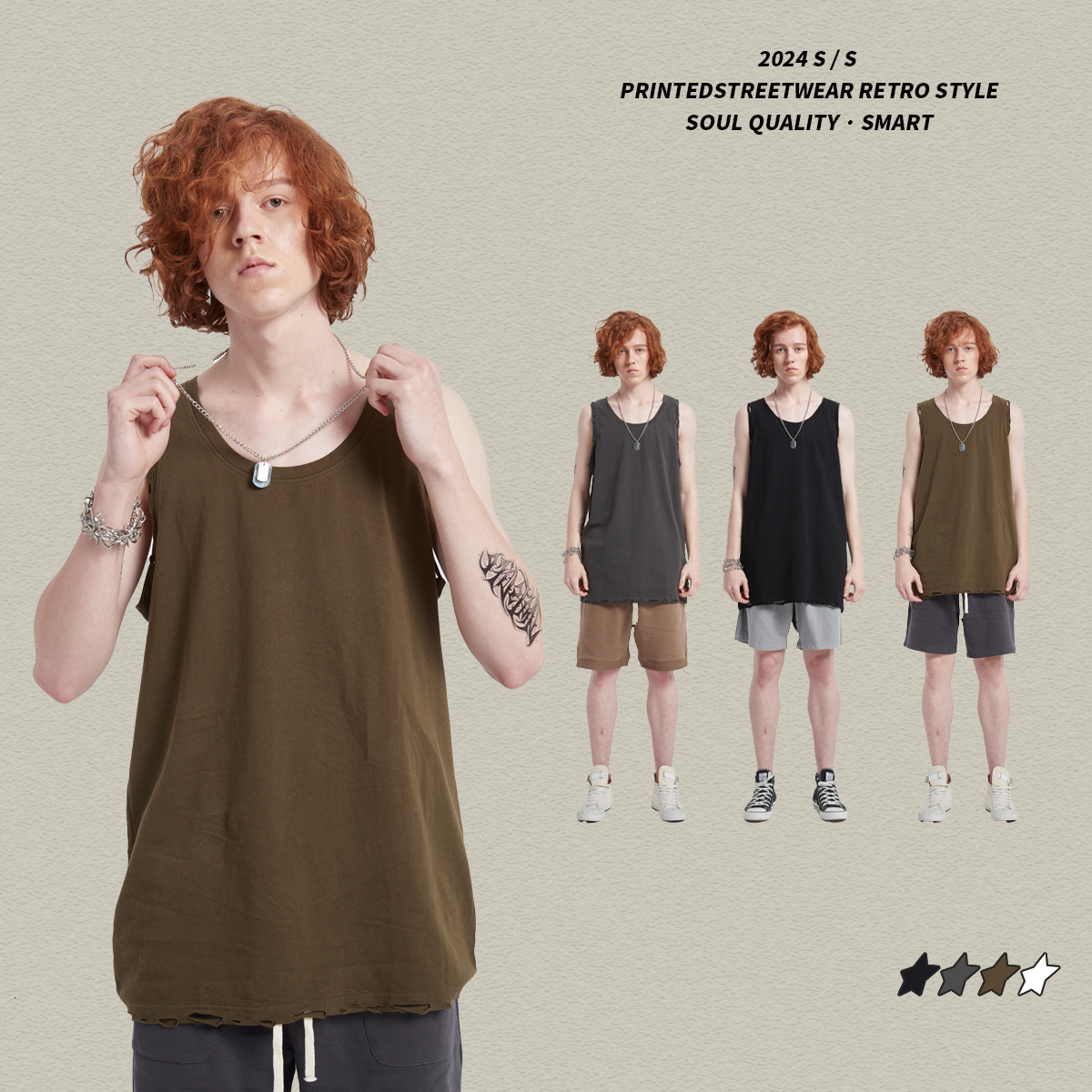 2025 Summer New Product: Washed Water Piercing Camback Top, American Trendy Brand Loose Sleeveless Solid Color Men's Tank Top