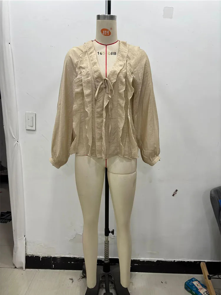 Womens Summer Shirt Top Fashion Solid Vneck Layered Ruffle Bow Elegant Street 250407