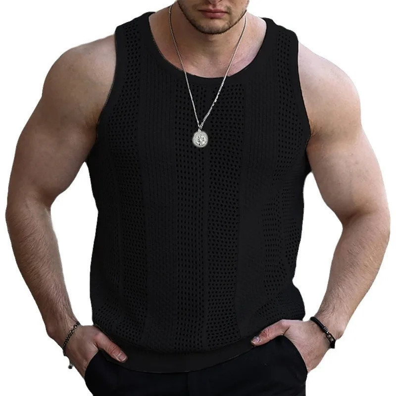 American style mens solid hollow O-neck casual vest street clothing selling sleeveless vest 250403