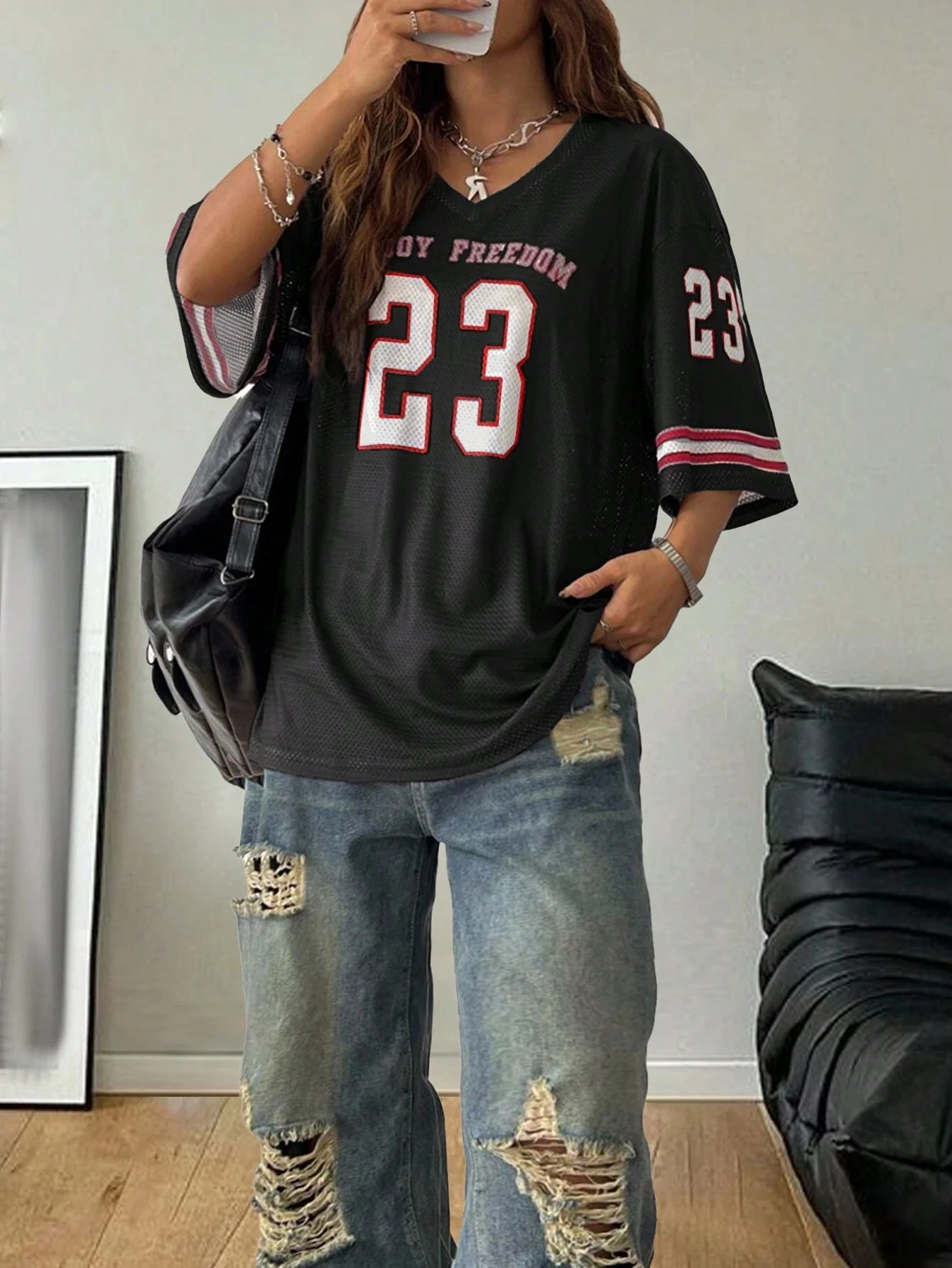 Summer womens Vneck 23 letter printed casual relaxed fashionable breathable short sleeved football shirt top 250407