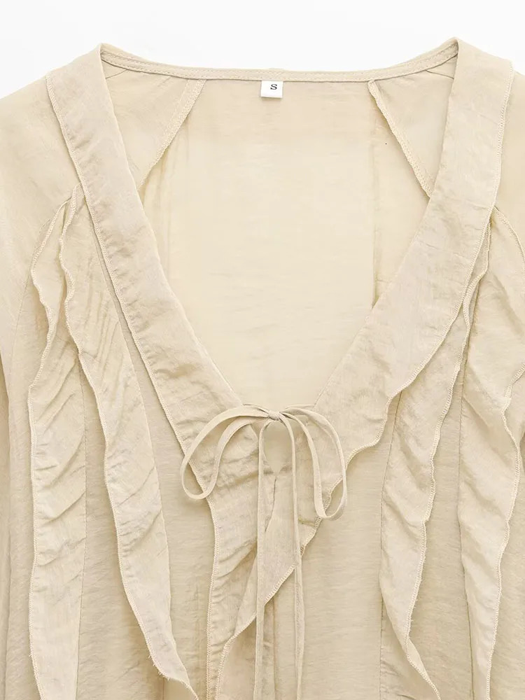 Womens Summer Shirt Top Fashion Solid Vneck Layered Ruffle Bow Elegant Street 250407