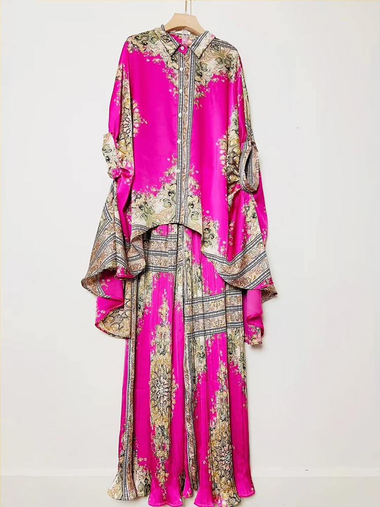 Summer Womens Retro Geometric Printed Loose Irregular Shirt Two Piece SetElastic Waist Drop Fold Wide Leg Mens Set 250407