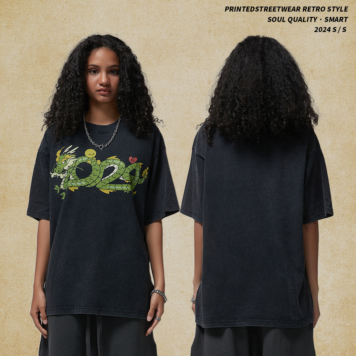 Men's Wear | 2025 New Product China Year of the Loong Printed Wash Round Neck Short Sleeve Street Fashion T-shirt Men