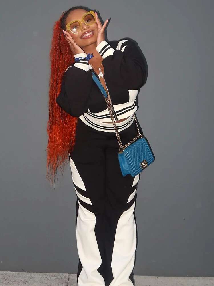 Kliou Striped Casual Women 2 Piece Set Matching Fall Long Sleeve Zip-Up Lapel Tops+Elastic Waist Straight Pants Mujer Tracksuits