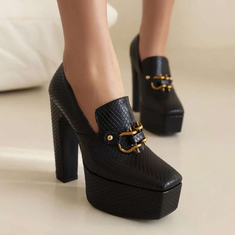Spring Autumn New Styles Fashion High Women Shoes Solid PU Metal Decoration Square Toe Slip-On Party Heels Women High 13Cm
