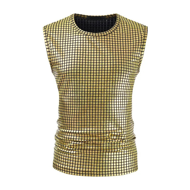 Mens O-neck sleeveless party club shiny vest party night out sleeveless shirt hip-hop dance club costume 250402
