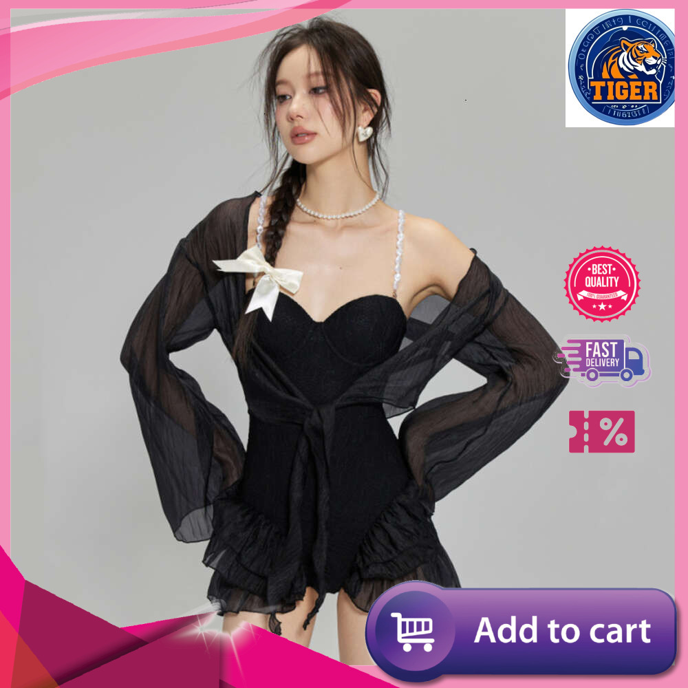 Ddmytiger Ddmytiger Pure Desire Style Jumpsuit Swimsuit Women S Sun Protection Cover Up Black Slim Fit Belly Covering Small Chest Gathering Hot Spring