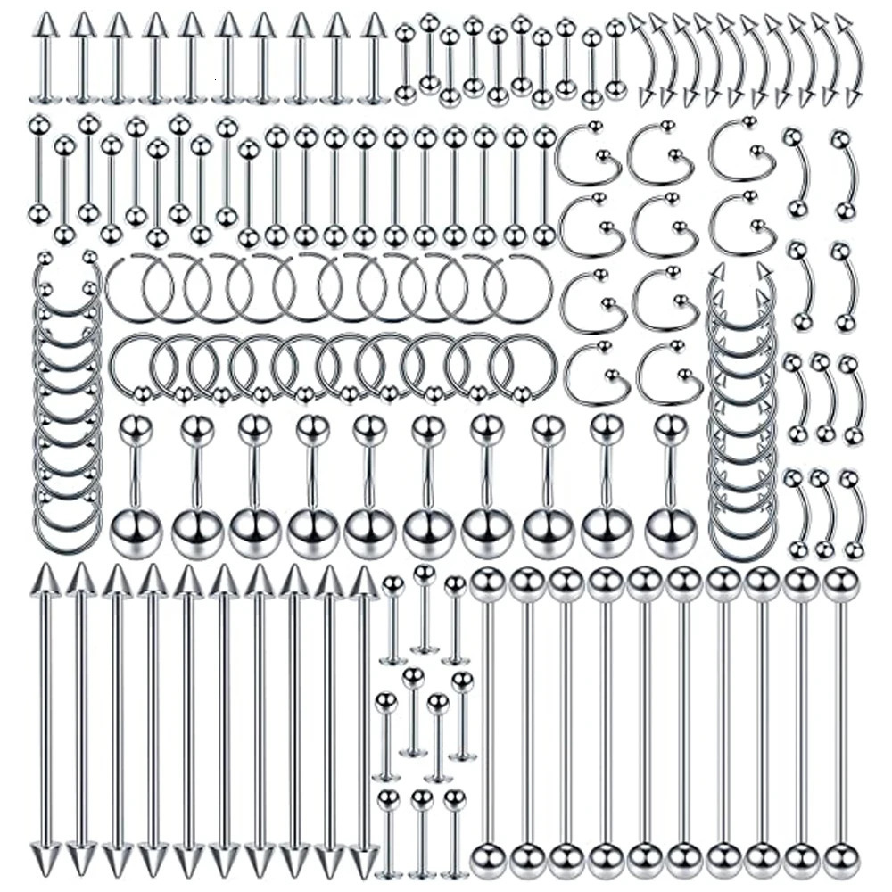 Body Lot Stainless Steel Nose Lip Tongue Cartilage Tragus Eyebrow Industrial Barbell Belly Button Rings Piercing Jewelry 250403