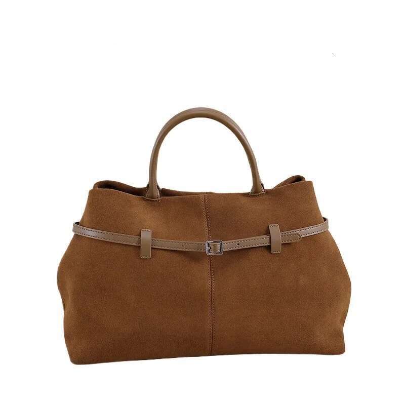 Hot Sale Russia Large Capacity Winter Travel Tote Matte Suede Cow Leather Women's Handbag Camel Coffee Color Shoulder Bag