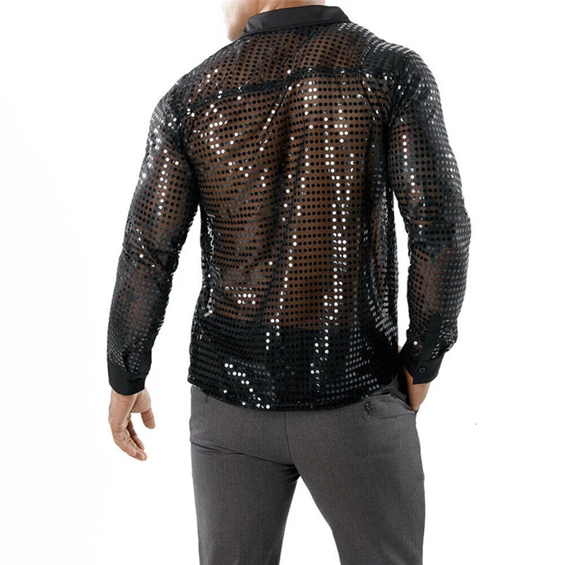 Mens Sheer Sequins Shirt Long Sleeve Turn Down Collar Button Dot Shirts y Blouse Tops 250226