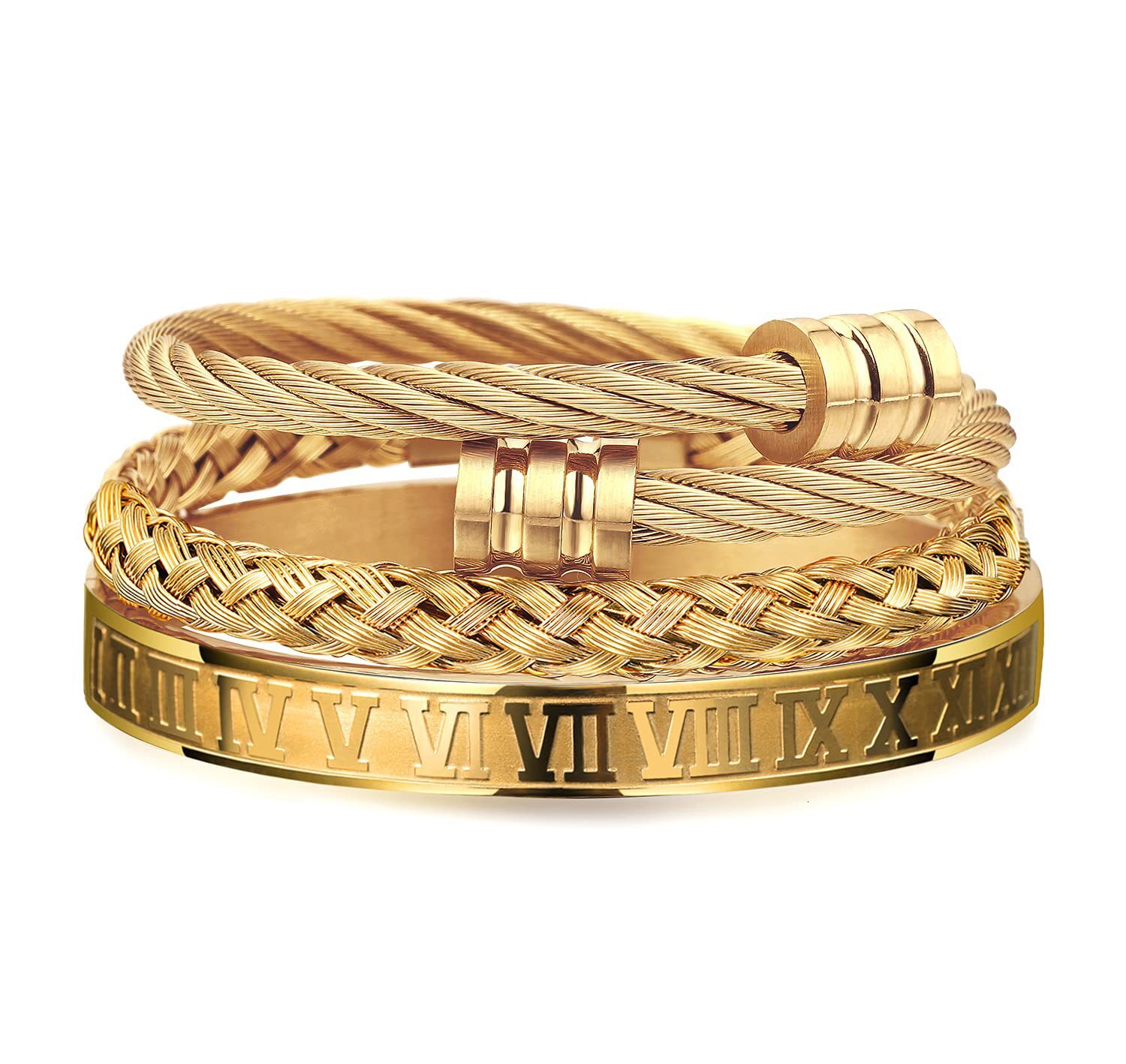 3-piece combination stainless steel woven for men, Roman numeral bracelet, twisted rope adjustable cuff bracelet