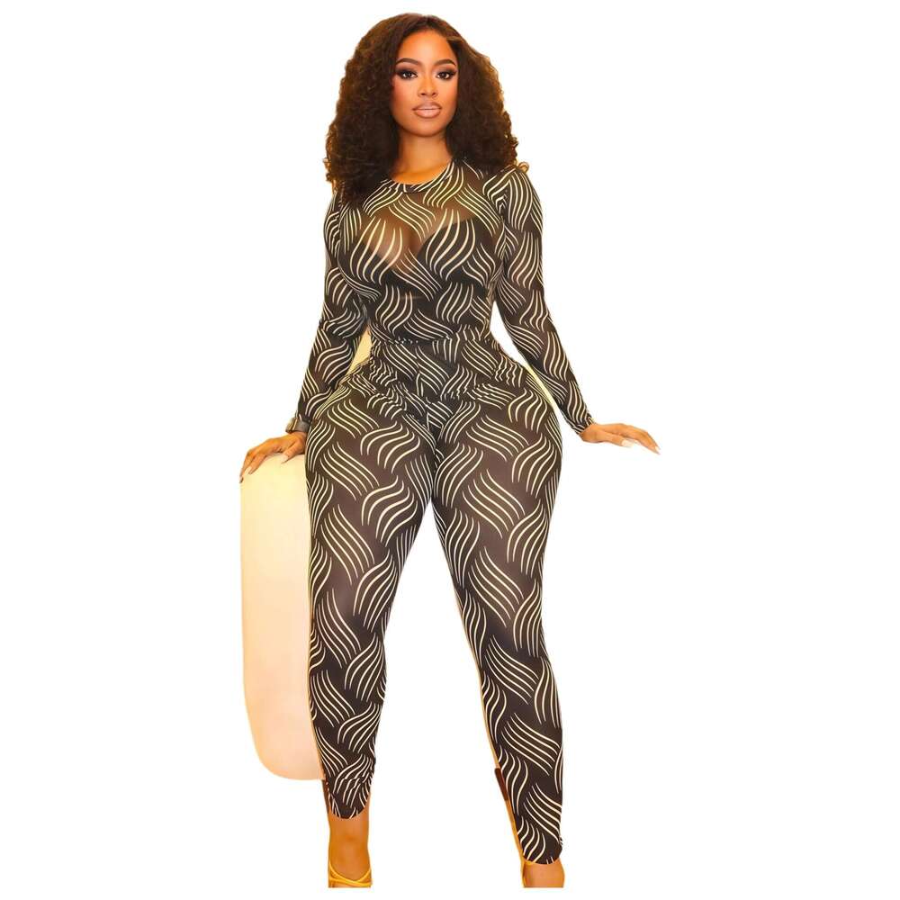 2025 Autumn New Sleeve Round Neck Printed Long Waist-Cinching Sexy Tight Pants Set for Women