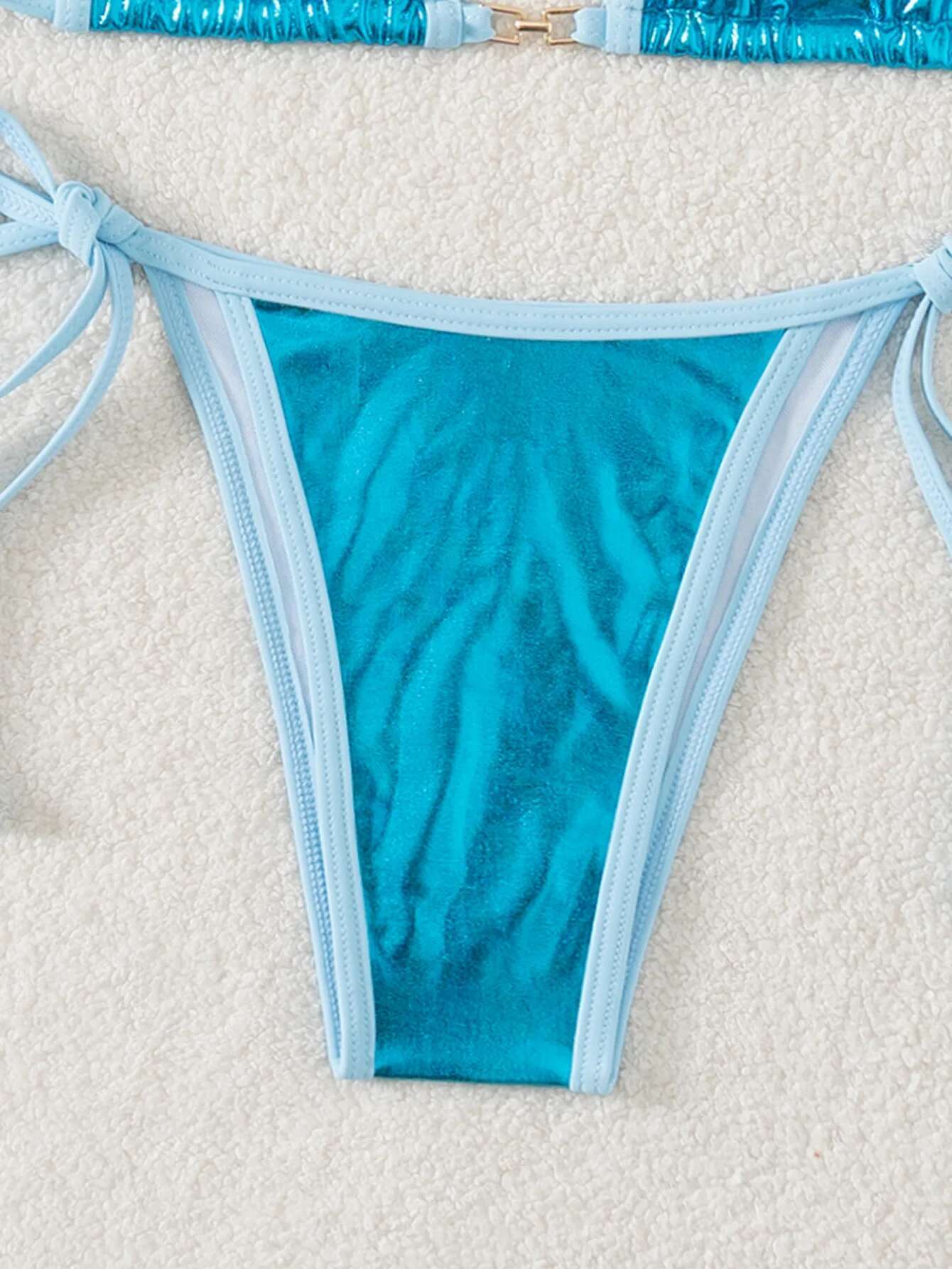 Dongdumaoyi Sky Blue Piece Mini Bikini For Women New Glossy Fabric Triangle Cup Suspender Backless Swimsuit Summer Bathing Suit