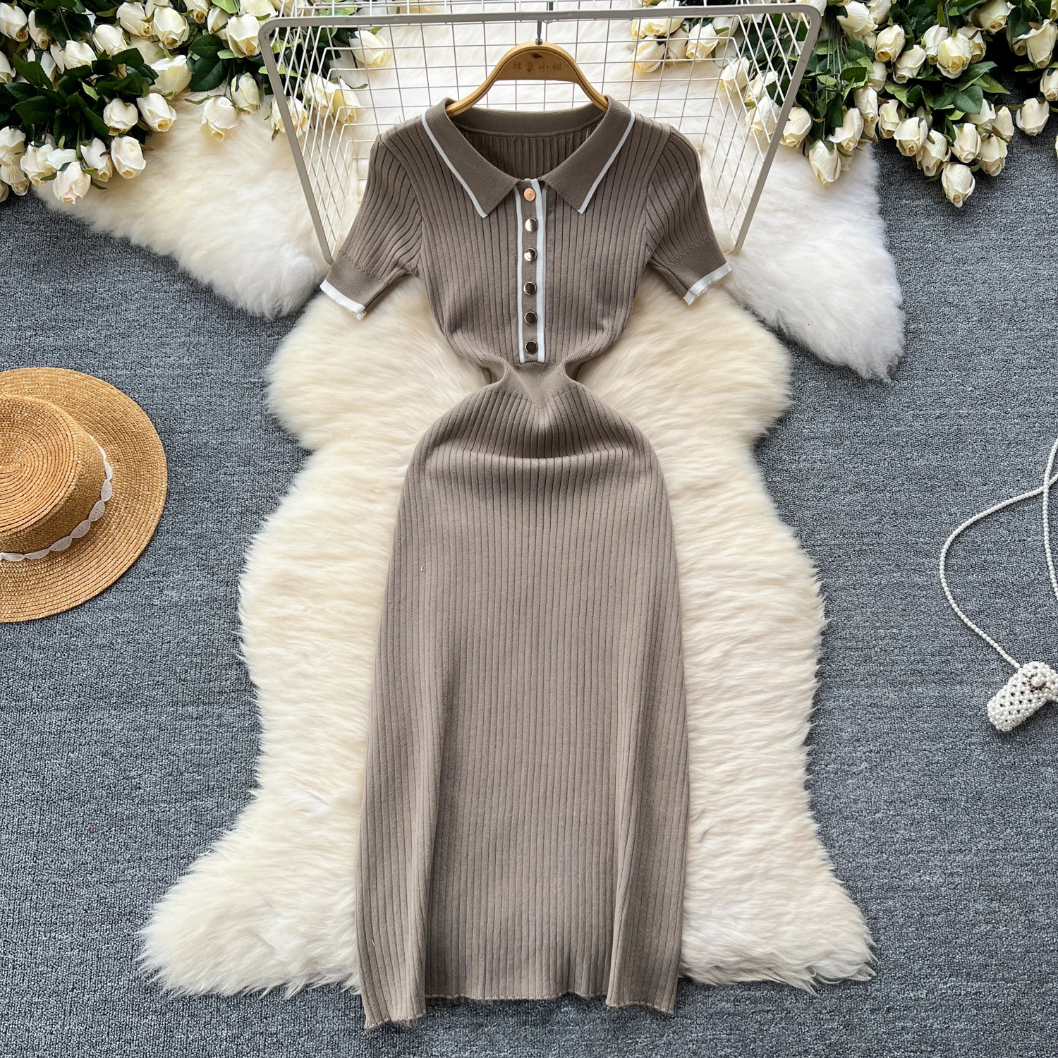 EFT Summer Womens Polo Knitted Dress Color Lock Elegant Short Sleeve Button Body Wrap Dress 250402