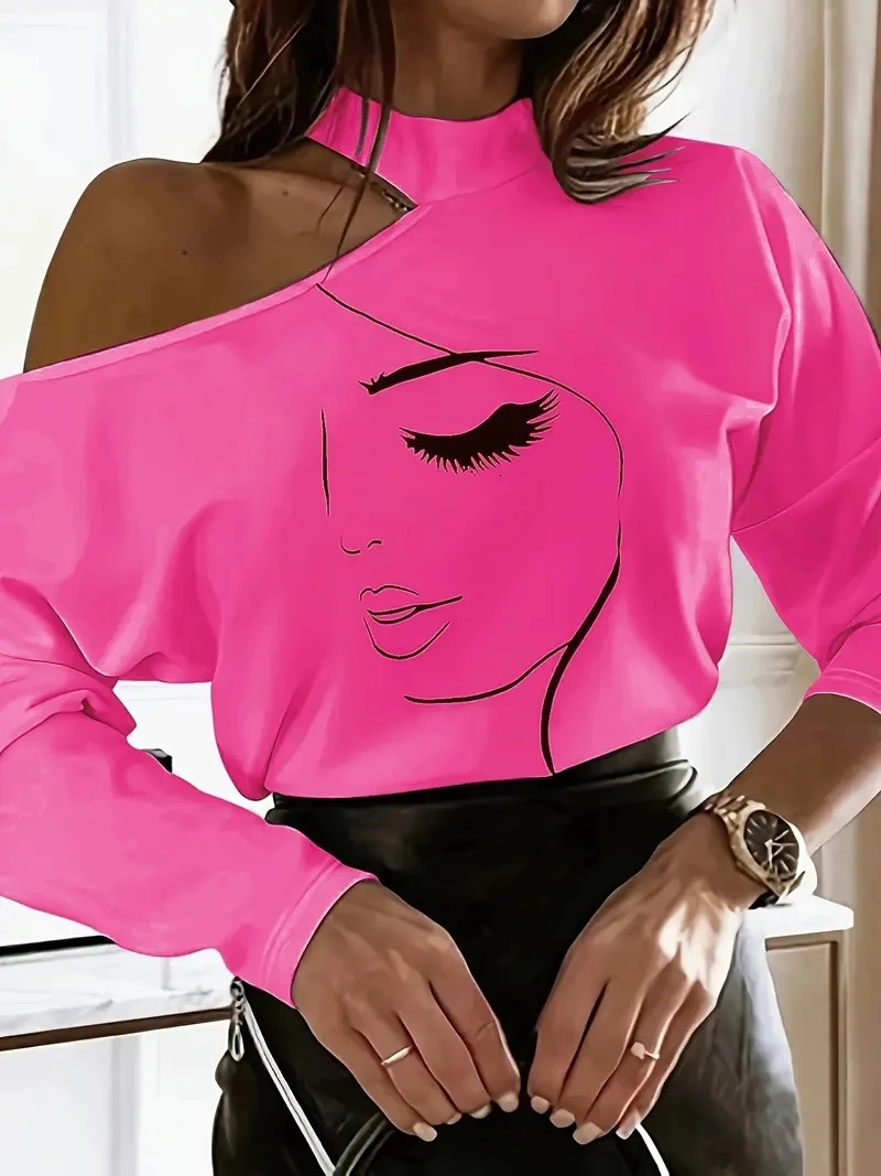An abstract facial pattern Tshirt casual shoulder cut long sleeved womens clothing 250407