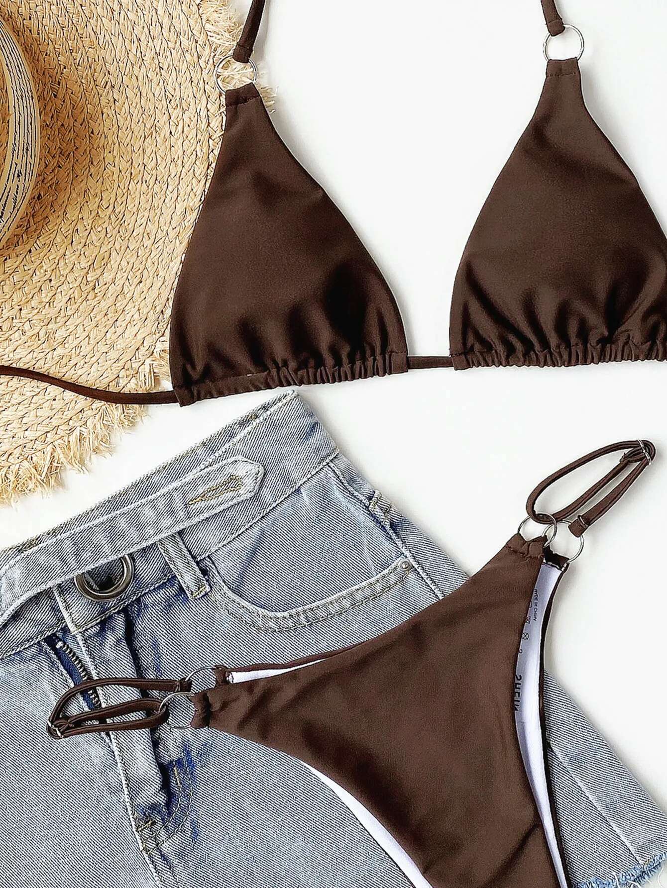 Dongdumaoyi Sexy Micro Bikini Women Brown Wine Metal Ring Linked Push Up Triangle Swimsuit Brazilian Beach Bathing Suit Thong Swimwear