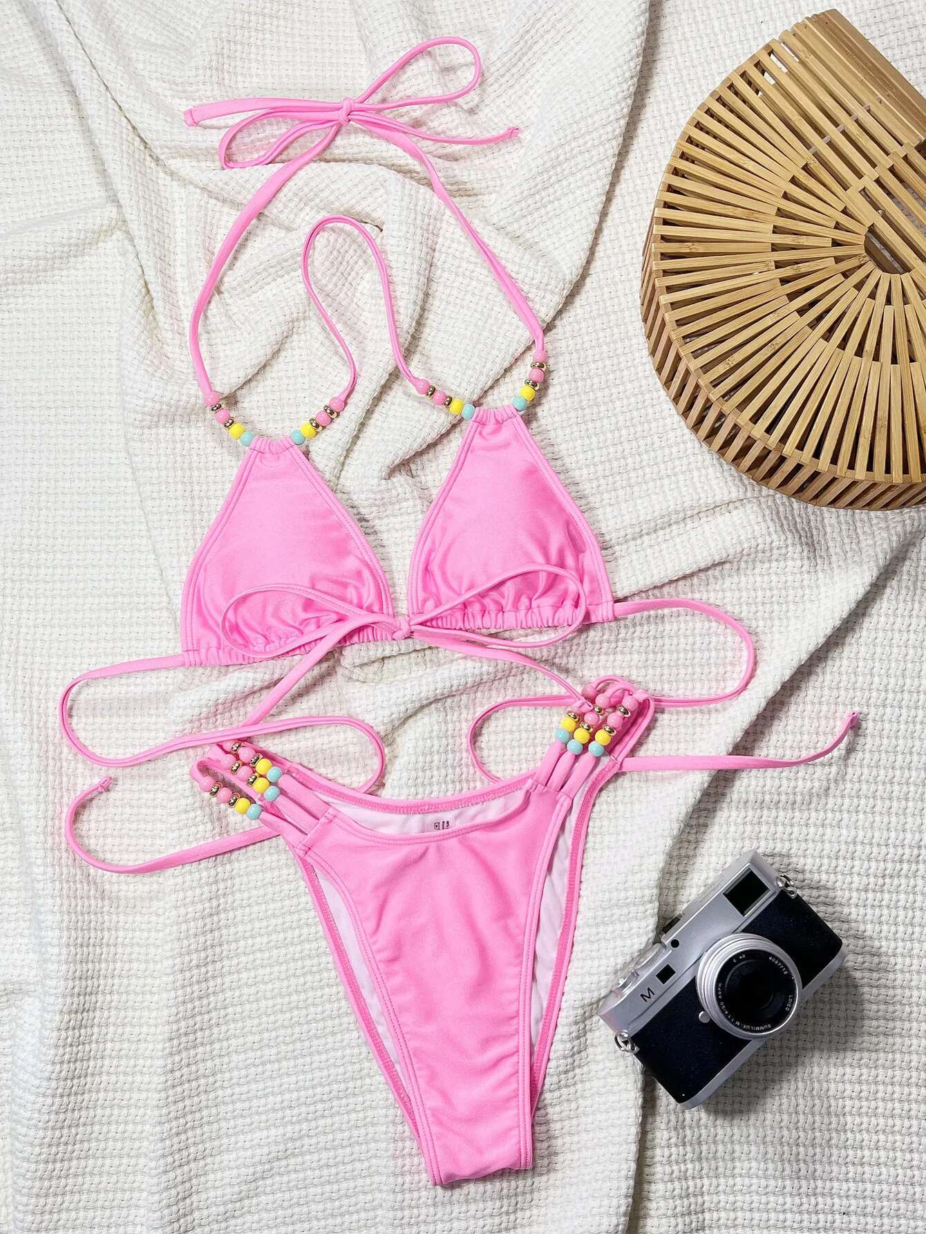 Dongdumaoyi Pink Colorful Bead Bikini Set Women Sexy Push Up Bandage Cross Hollow Out High Waist Swimsuit Beach Bathing Suit Swimwear