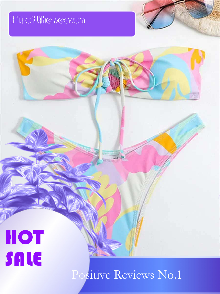 Dongdumaoyi Sexy Bandeau Bikini Women Pink Floral Print Ring Linked Drawstring Push Up Micro Swimwear Beach Bathing Suit Thong Swimsuit