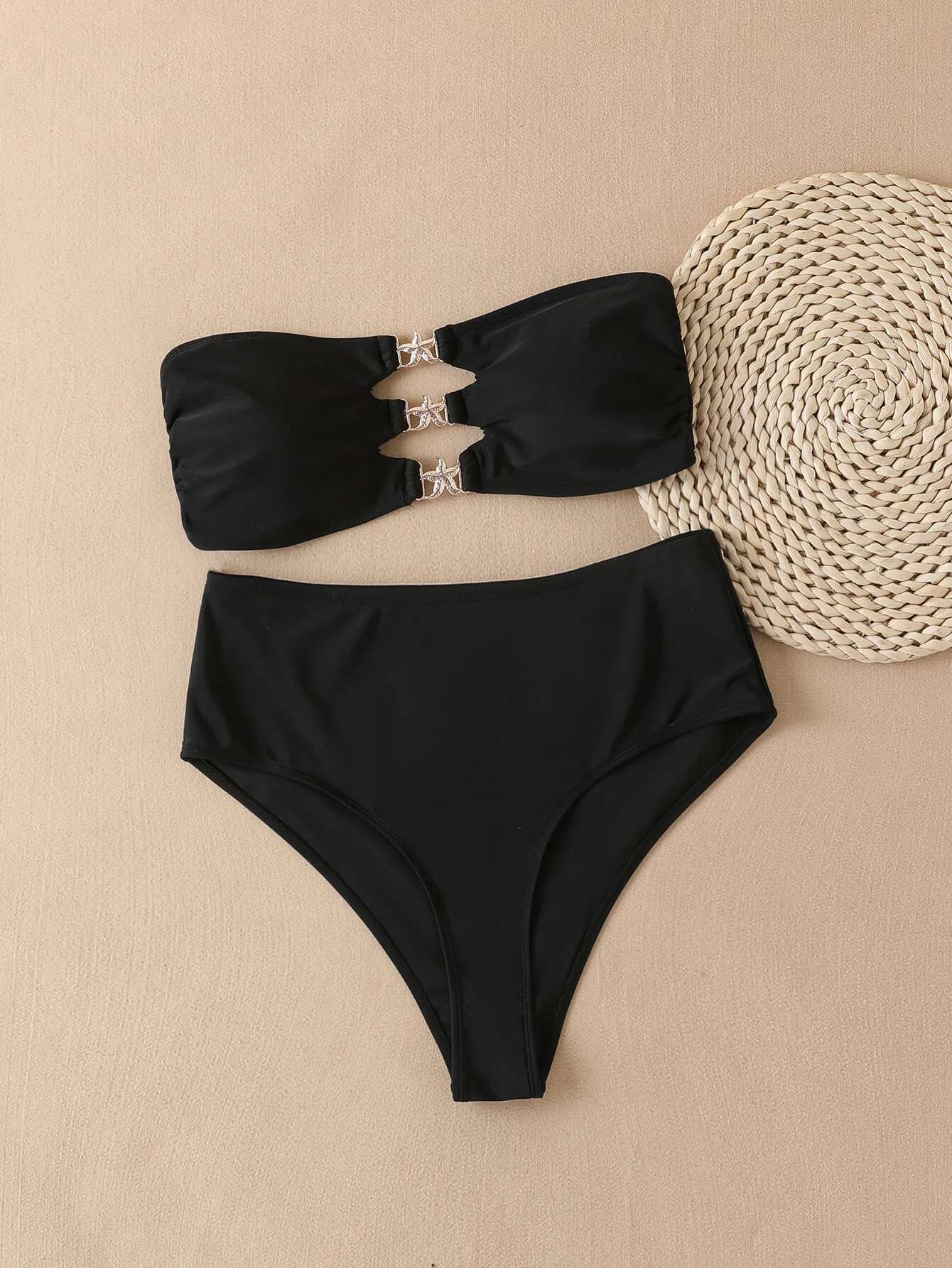 Dongdumaoyi Sexy Bandeau Bikini Women Black Hollow Out Starfish Ornament Push Up High Waist Swimsuit Beach Bathing Suit Pool Swimwear