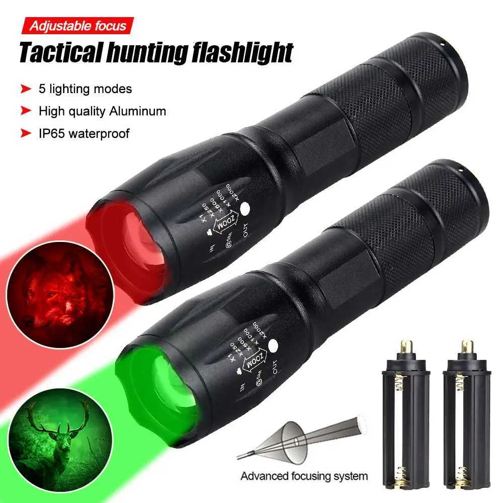 Tactical Hunting Flashlight Red/Green Light Zoomable LED Torch USB Rechargeable 5 Modes Lamp for Outdoor Camping HikingW251106