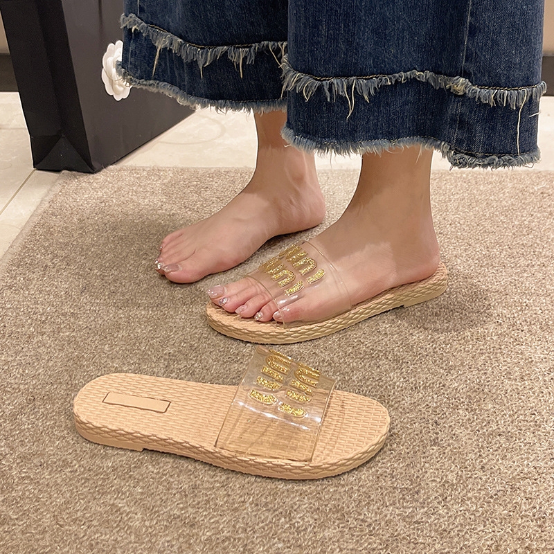 Free shipping new summer beach casual slippers Women's trend Soft soles outside penetrating flat women's summer black gold silver