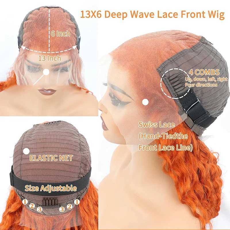 Orange Ginger Lace Front Wig Human Hair 13x6 Deep Wave Lace Front Wigs 38 Inch Water Wave Human Hair Wig Pre Plucked Curly Wigs W251107