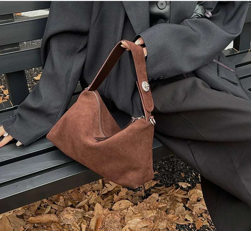 Wholesale Women Suede Female Retro Frosted Cowhide Split Leather Armpit Shoulder Bag Lady Handbag Trendy Crossbody Messenger