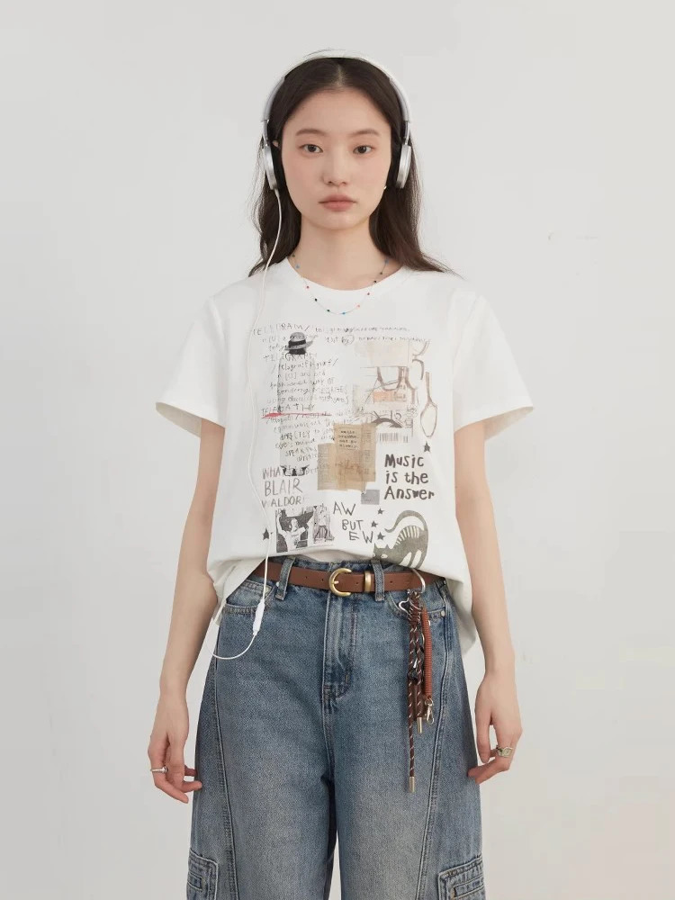 CHIC VEN Womens Tshirt Loose Casual Round Neck Short Sleeve Retro Poster Printing Cotton Girls Top SpringSummer 250407