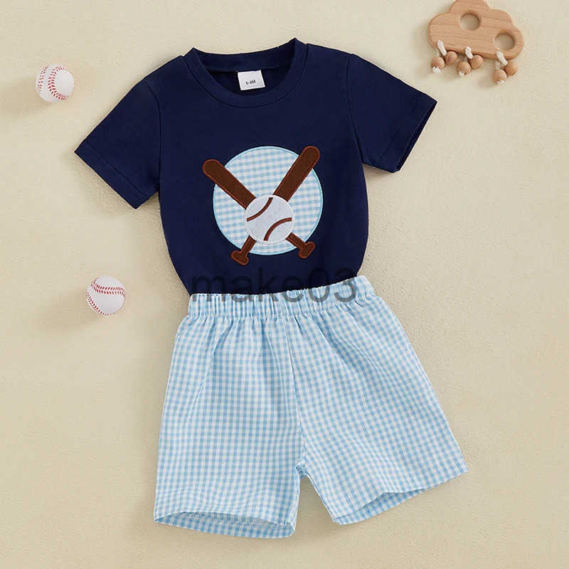 Boys 2-piece set with embroidered baseball T-shirt and checkered shorts elastic waistband short sleeved top J250403