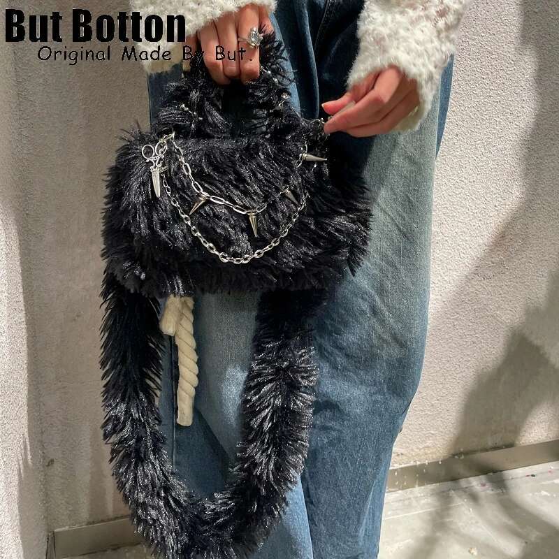 Gothic Lolita Girl Dark Black Furry Shoulder Bags Handbags Y2k Women Metal Punk Rivet Chain Winter Fluffy Messenger Bag Totes