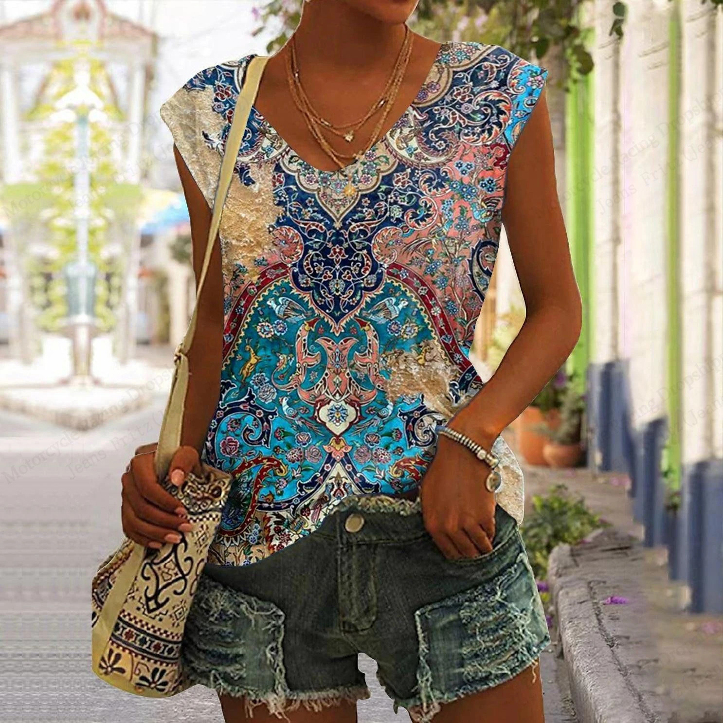 Summer Womens Tshirt Retro Pattern 3D Tank Top Fashion Vneck Short sleeved 250407