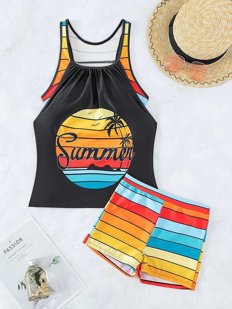 Dongdumaoyi Women S Swimsuit Black Maple Leaf Print Rainbow Contrast Two Piece Bikini Set Holiday Bathing Suit High Waist Panties Swimwear