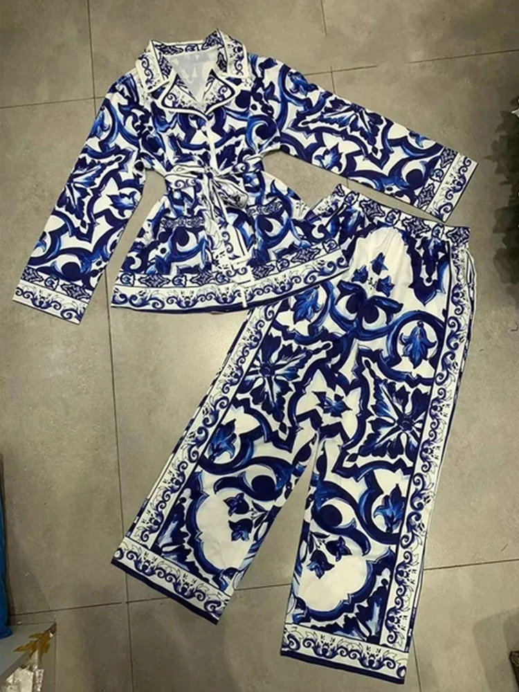 Retro geometric print loose pajama shirt twopiece set for spring womens clothingelastic waist wide leg pants fashion 250407