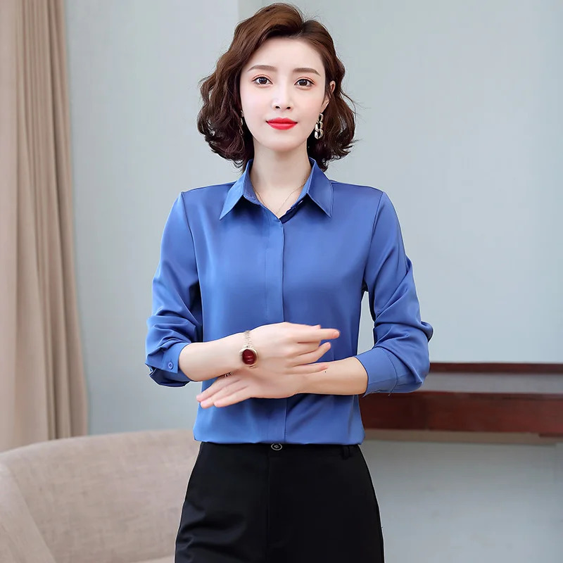 TingYilis elegant office is adorned with satin silk shirts spring and autumn long sleeved womens tops pink yellow blue green black and white shirts 25