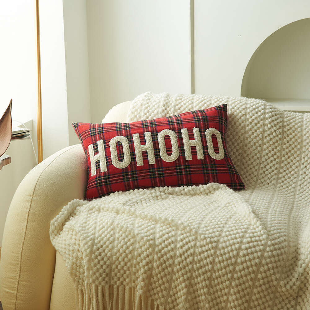 New Christmas Printed Red and Green Plaid Letter Embroidery Cushion Cover Home Fabric Pillowcase